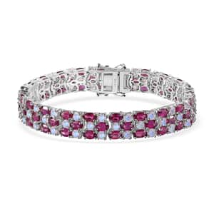 Tanzanian Wine Garnet and Rainbow Moonstone 3 Row Bracelet in Rhodium Over Sterling Silver (7.25 In) 25.35 ctw