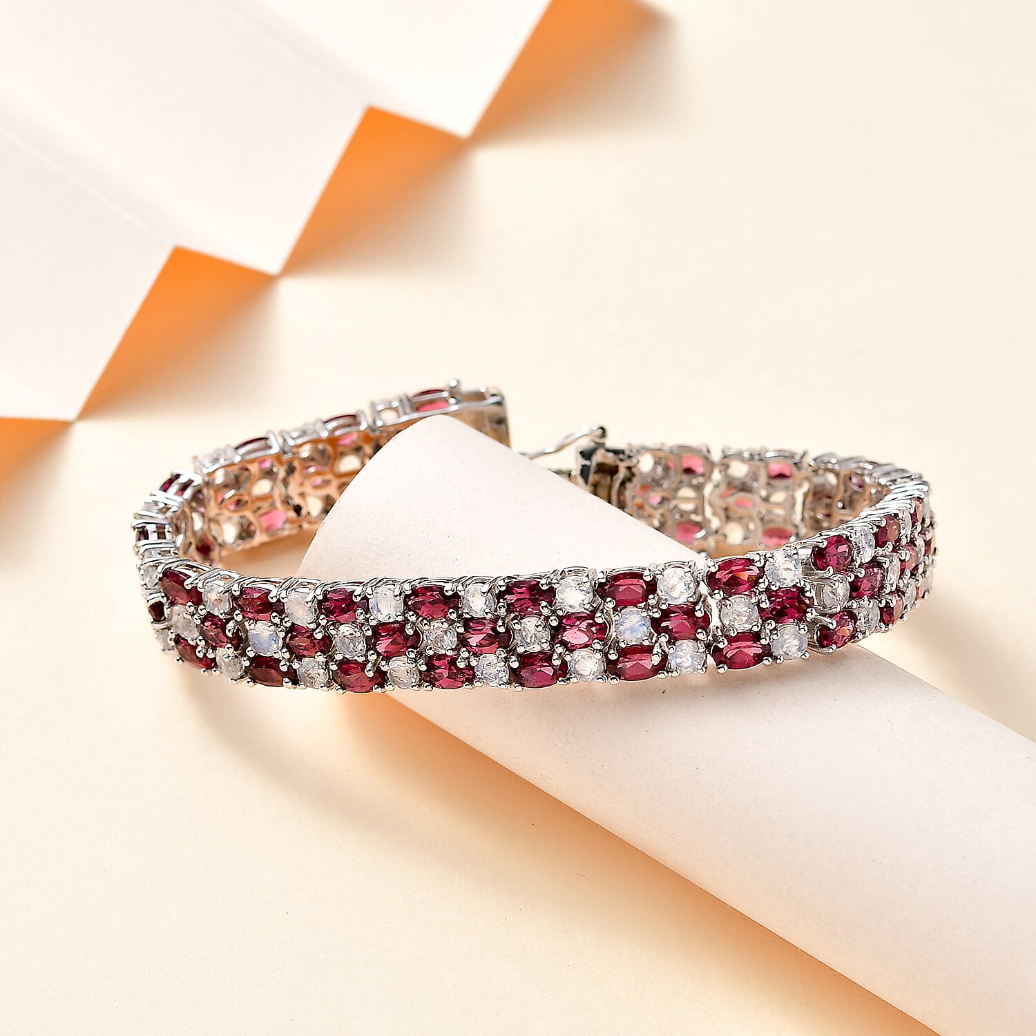 D'Joy Tanzanian Wine Garnet and Rainbow Moonstone 3 Row Bracelet in Rhodium Over Sterling Silver (7.25 In) 25.35 ctw