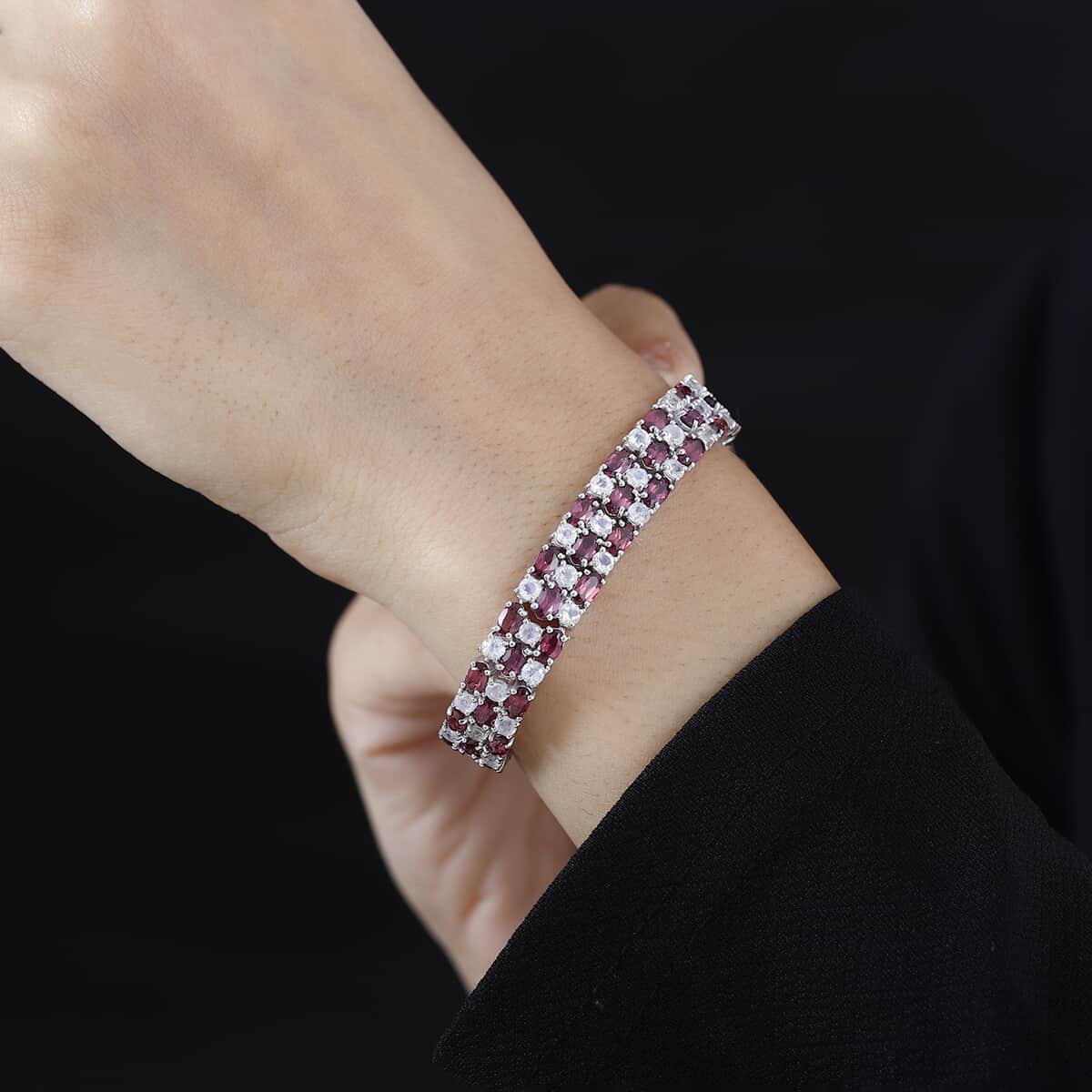 Tanzanian Wine Garnet and Rainbow Moonstone 3 Row Bracelet in Rhodium Over Sterling Silver (7.25 In) 25.35 ctw image number 2