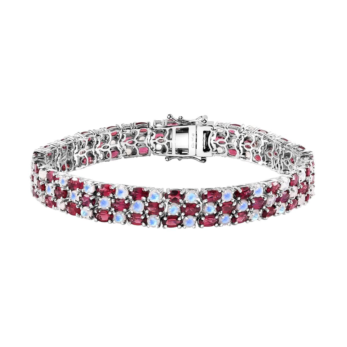 Tanzanian Wine Garnet and Rainbow Moonstone 3 Row Bracelet in Rhodium Over Sterling Silver (8.00 In) 27.75 ctw image number 0