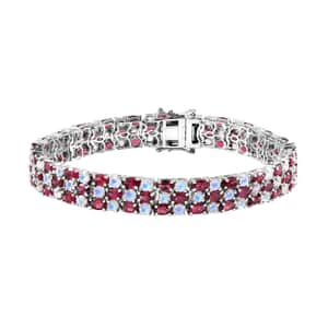 Tanzanian Wine Garnet and Rainbow Moonstone 3 Row Bracelet in Rhodium Over Sterling Silver (8.00 In) 27.75 ctw