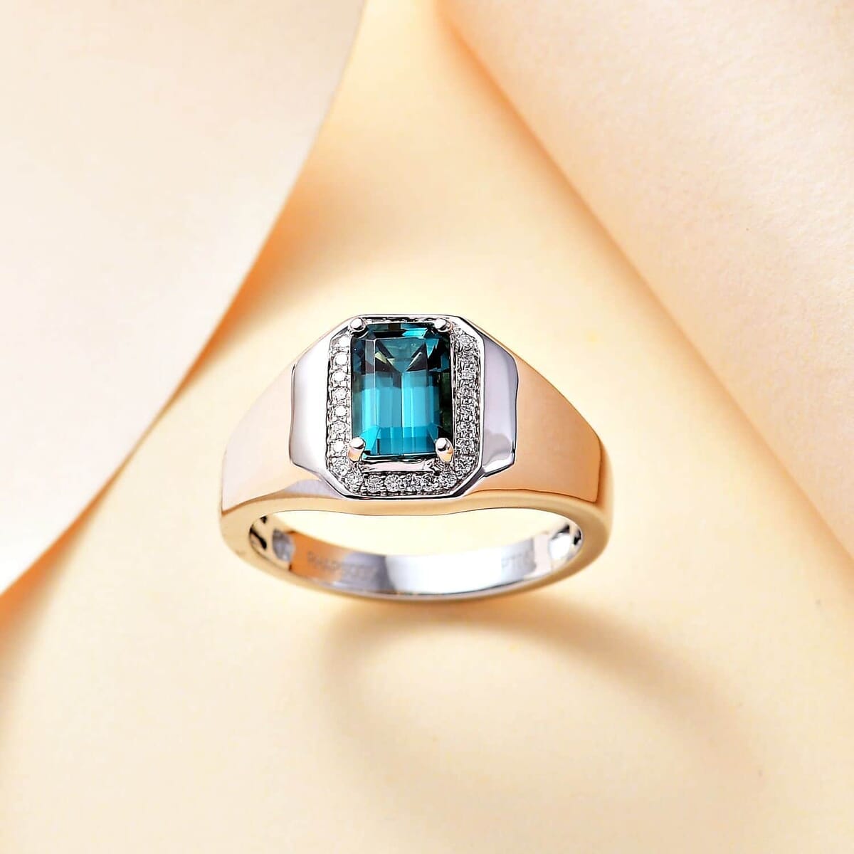 Rhapsody AAAA Monte Belo Indicolite and E-F VS Diamond 2.10 ctw Men's Ring in 950 Platinum (Size 10.0) 10.90 Grams image number 1