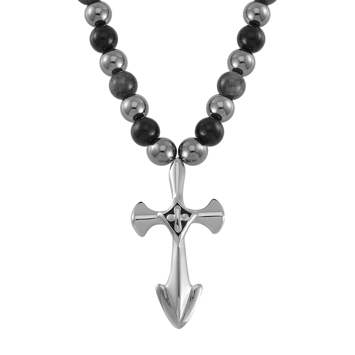 Terahertz, Blue Apatite and Shungite Beaded Men's Necklace (24 Inches) in Sterling Silver with Stainless Steel Cross Charm 375.00 ctw image number 0