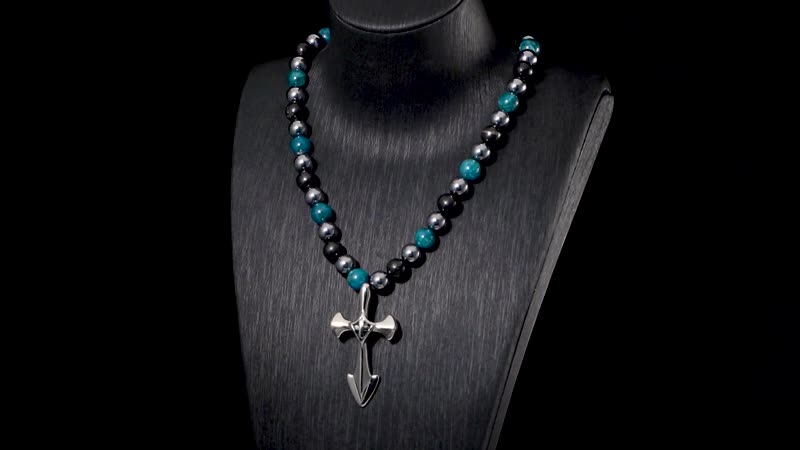 Terahertz, Blue Apatite and Shungite Beaded Necklace (24 Inches) in Sterling Silver with Stainless Steel Cross Charm 375.00 ctw