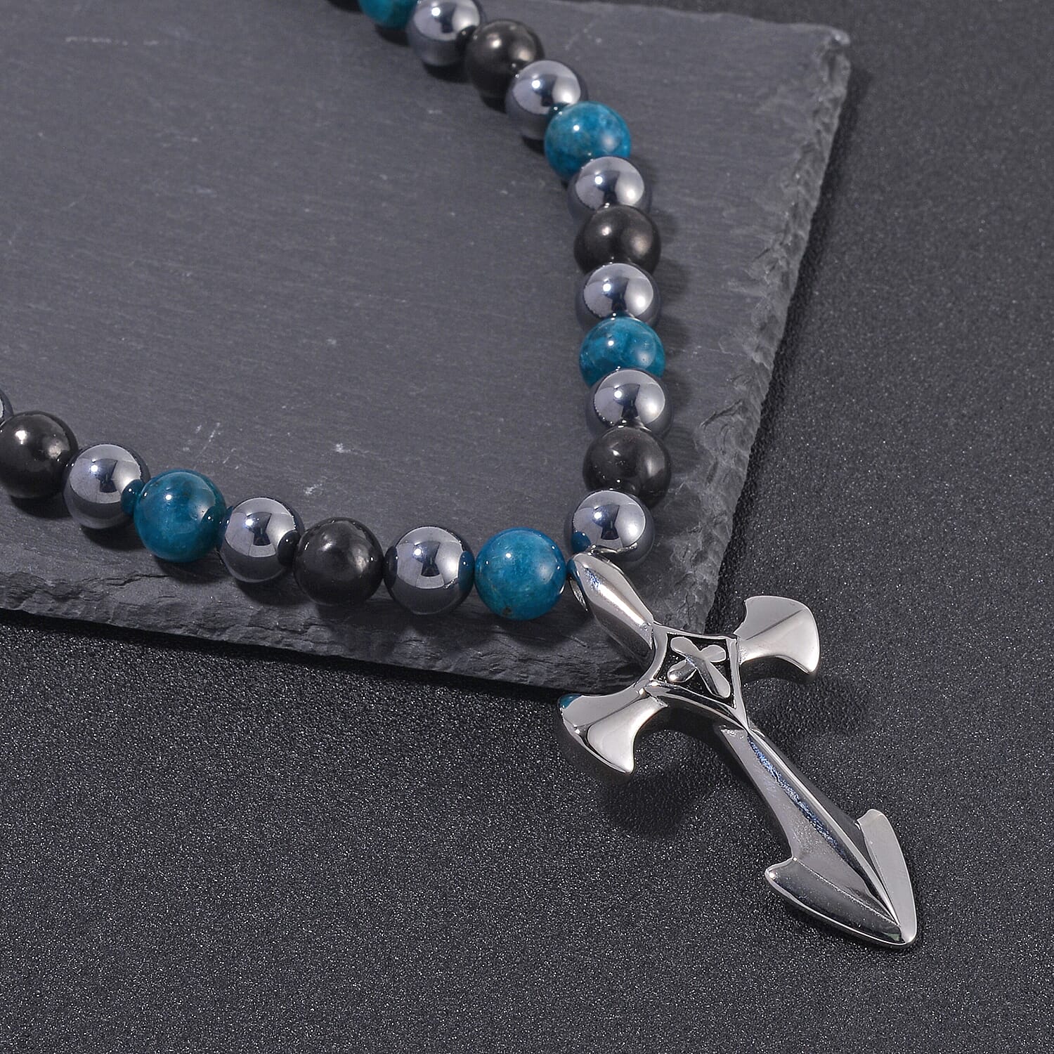 Terahertz, Blue Apatite and Shungite Beaded Necklace (24 Inches) in Sterling Silver with Stainless Steel Cross Charm 375.00 ctw