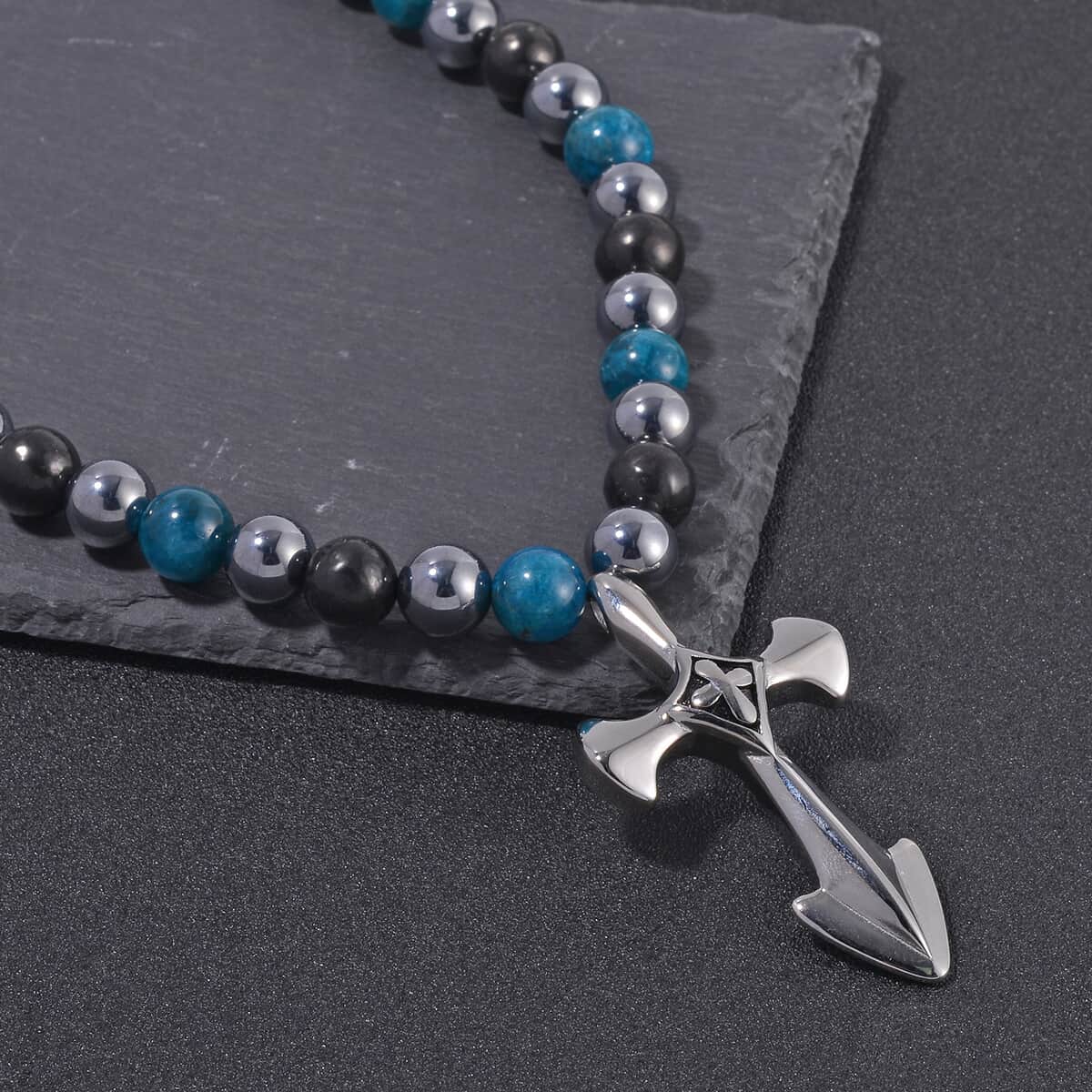 Terahertz, Blue Apatite and Shungite Beaded Men's Necklace (24 Inches) in Sterling Silver with Stainless Steel Cross Charm 375.00 ctw image number 1