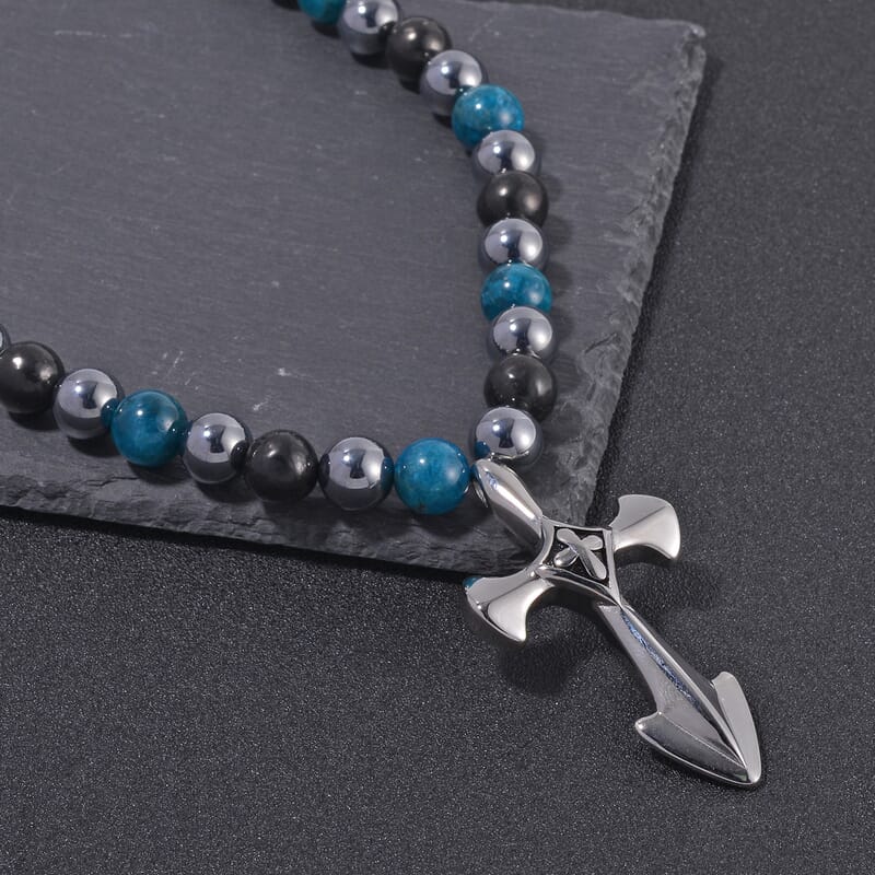 Terahertz, Blue Apatite and Shungite Beaded Necklace (24 Inches) in Sterling Silver with Stainless Steel Cross Charm 375.00 ctw