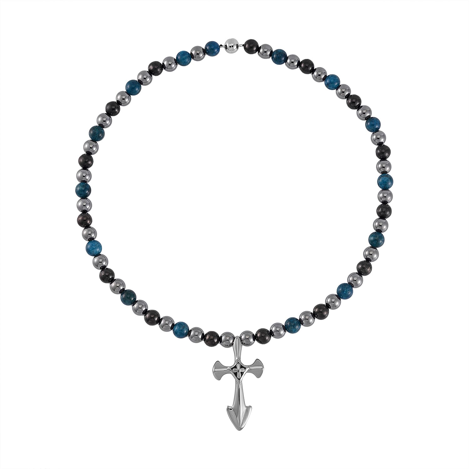 Terahertz, Blue Apatite and Shungite Beaded Necklace (24 Inches) in Sterling Silver with Stainless Steel Cross Charm 375.00 ctw