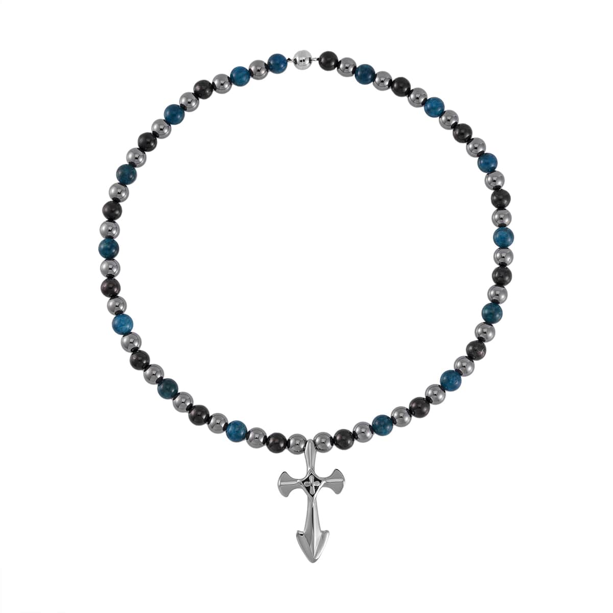 Terahertz, Blue Apatite and Shungite Beaded Men's Necklace (24 Inches) in Sterling Silver with Stainless Steel Cross Charm 375.00 ctw image number 2