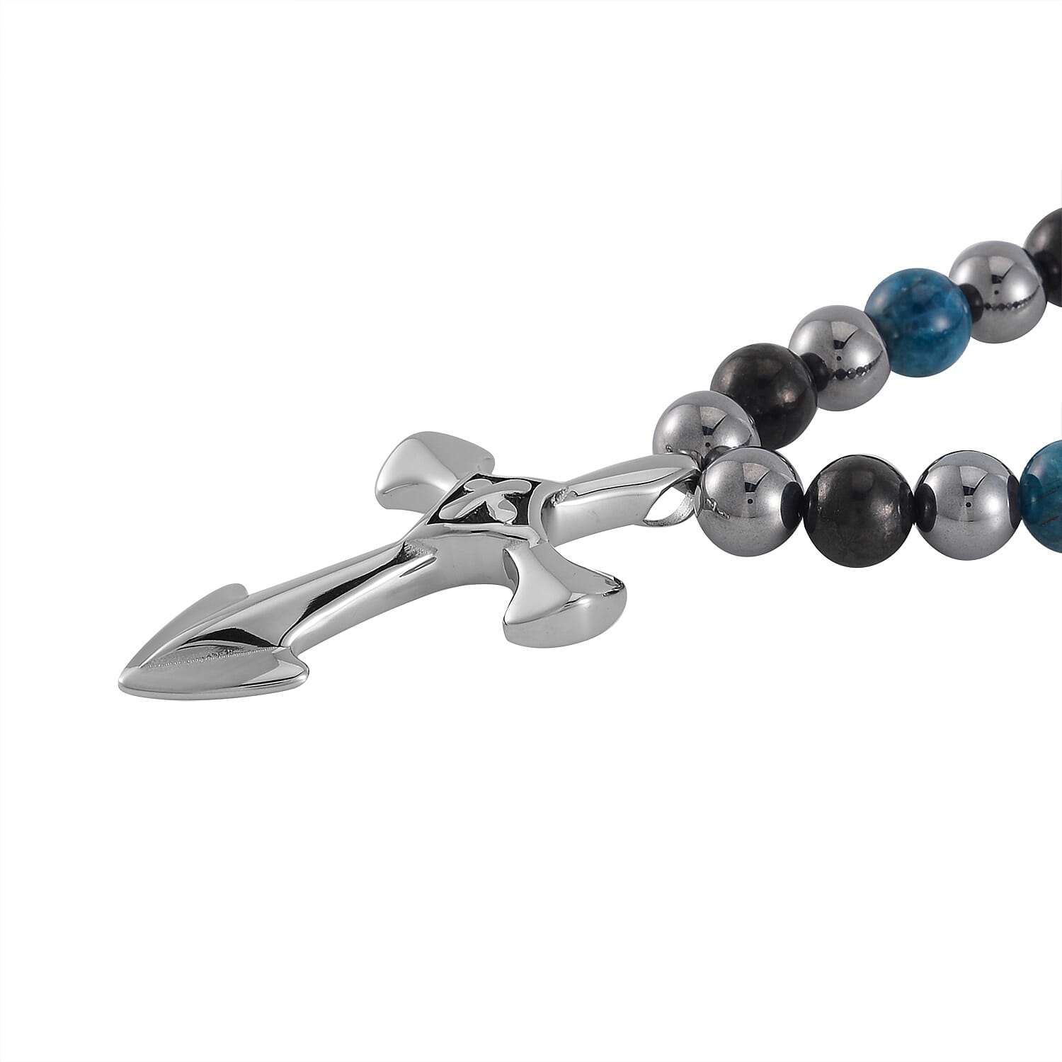 Terahertz, Blue Apatite and Shungite Beaded Necklace (24 Inches) in Sterling Silver with Stainless Steel Cross Charm 375.00 ctw