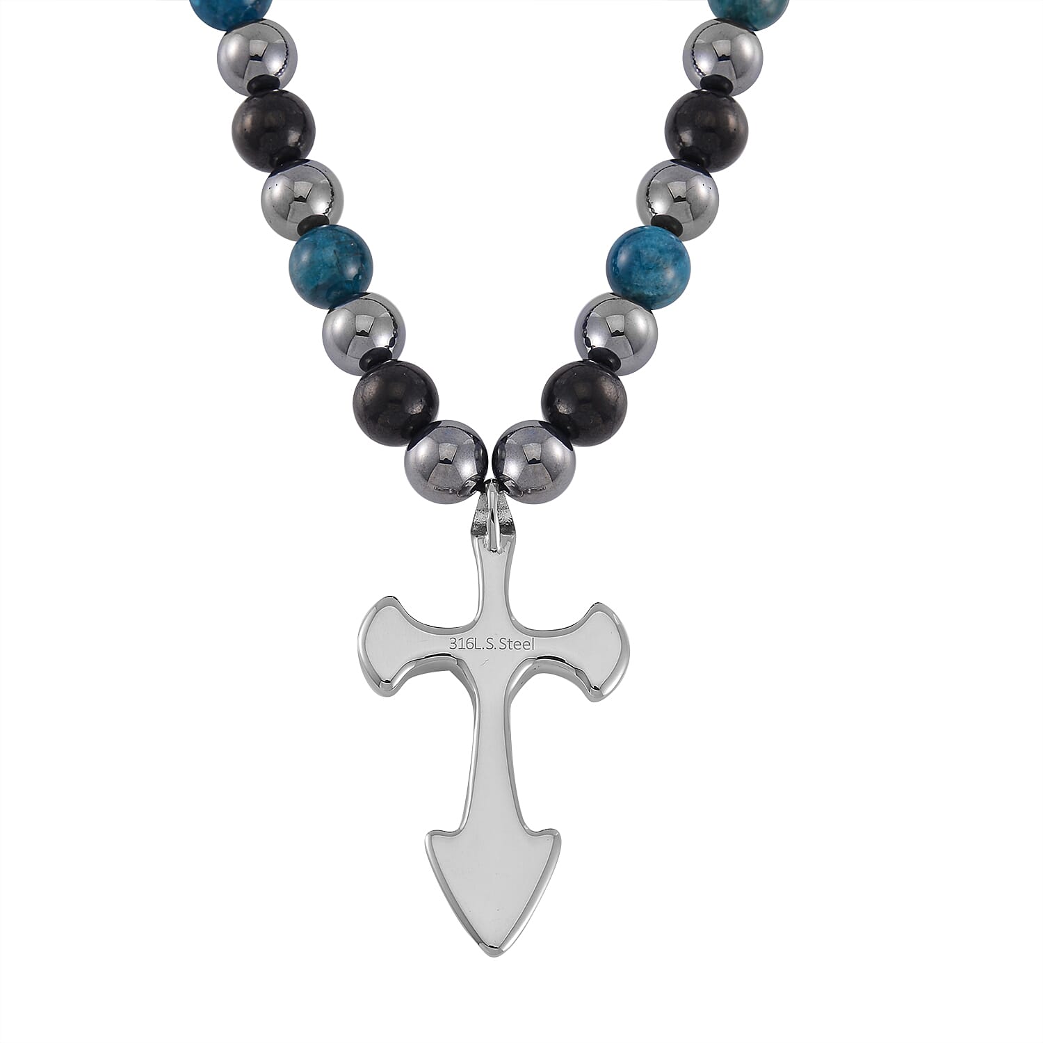 Terahertz, Blue Apatite and Shungite Beaded Necklace (24 Inches) in Sterling Silver with Stainless Steel Cross Charm 375.00 ctw