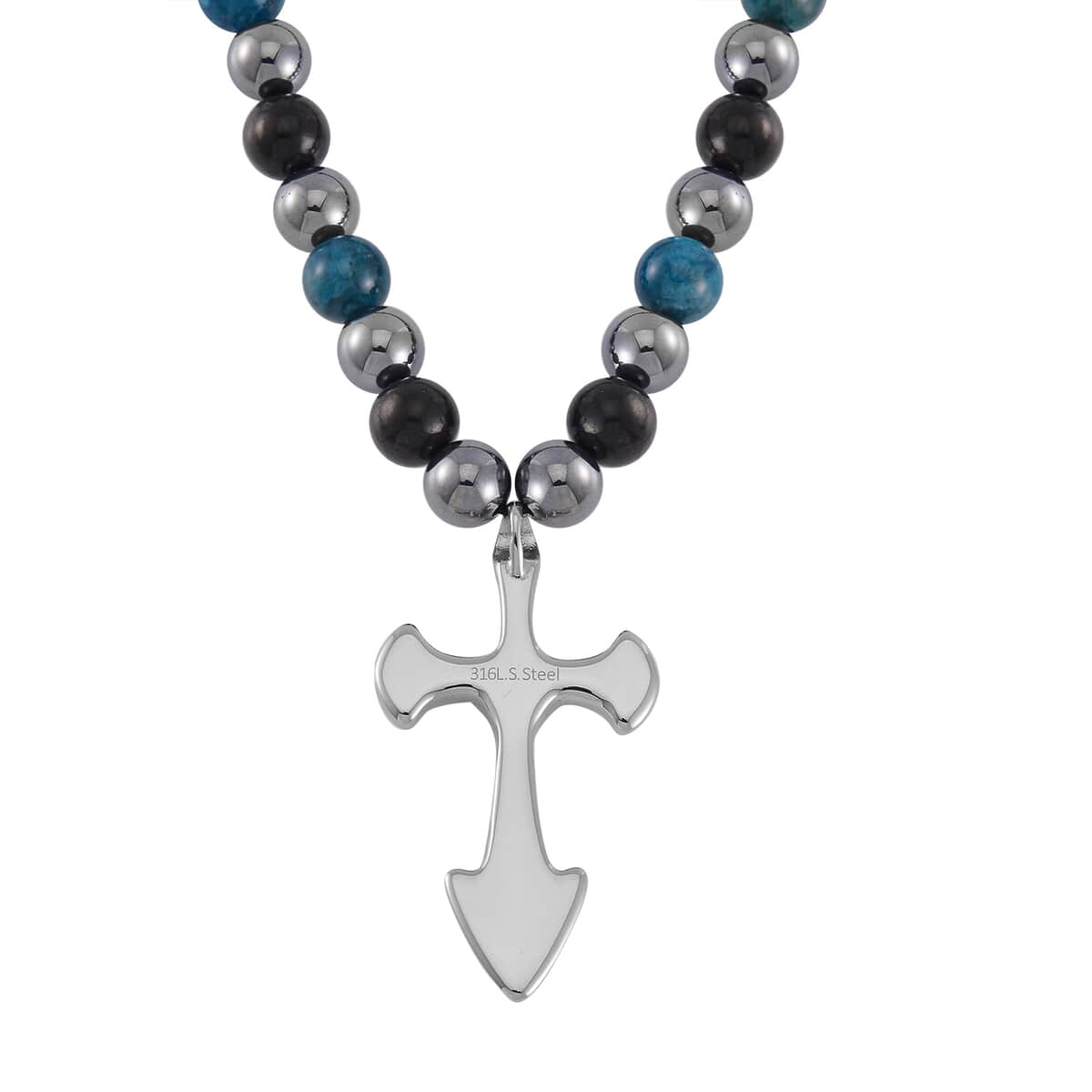 Terahertz, Blue Apatite and Shungite Beaded Men's Necklace (24 Inches) in Sterling Silver with Stainless Steel Cross Charm 375.00 ctw image number 4