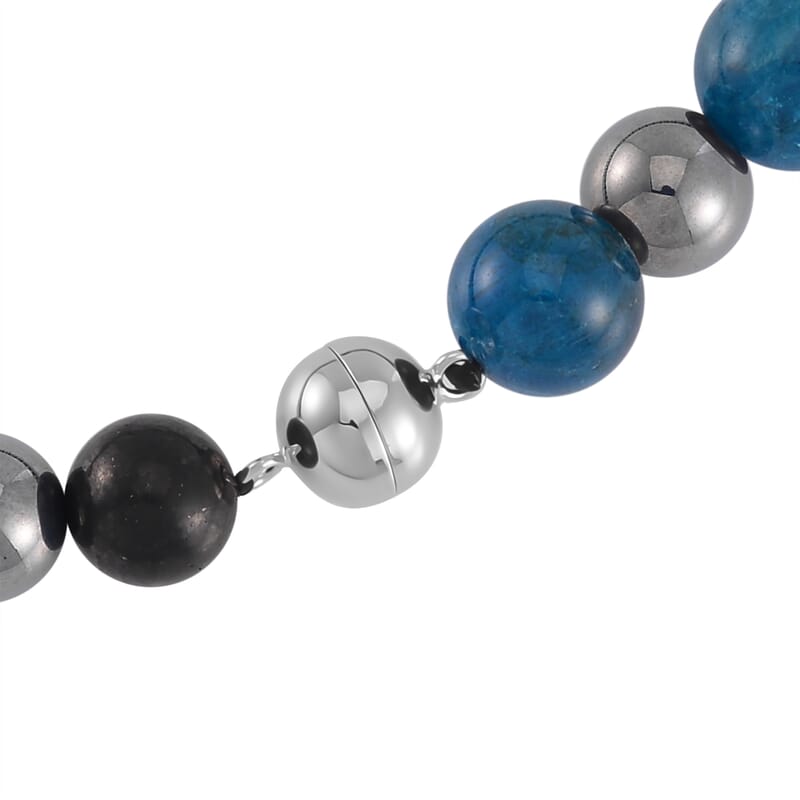 Terahertz, Blue Apatite and Shungite Beaded Necklace (24 Inches) in Sterling Silver with Stainless Steel Cross Charm 375.00 ctw
