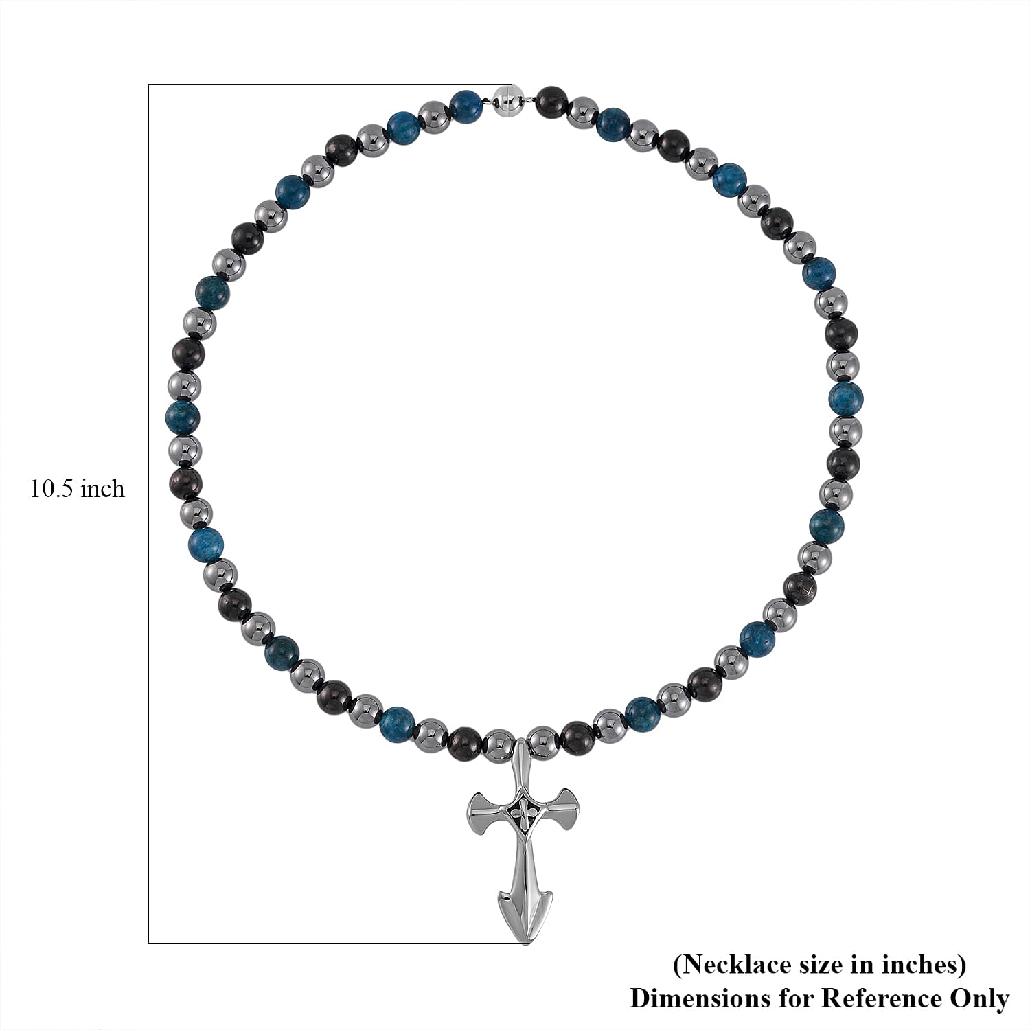 Terahertz, Blue Apatite and Shungite Beaded Necklace (24 Inches) in Sterling Silver with Stainless Steel Cross Charm 375.00 ctw