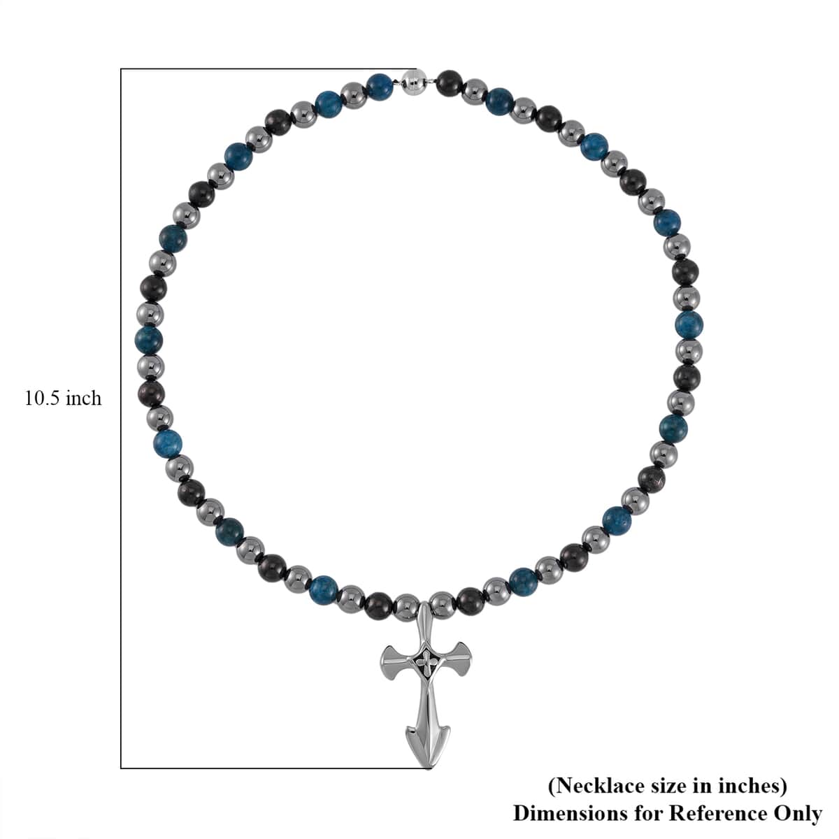 Terahertz, Blue Apatite and Shungite Beaded Men's Necklace (24 Inches) in Sterling Silver with Stainless Steel Cross Charm 375.00 ctw image number 6