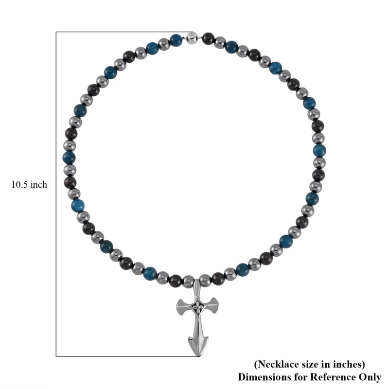 Terahertz, Blue Apatite and Shungite Beaded Necklace (24 Inches) in Sterling Silver with Stainless Steel Cross Charm 375.00 ctw