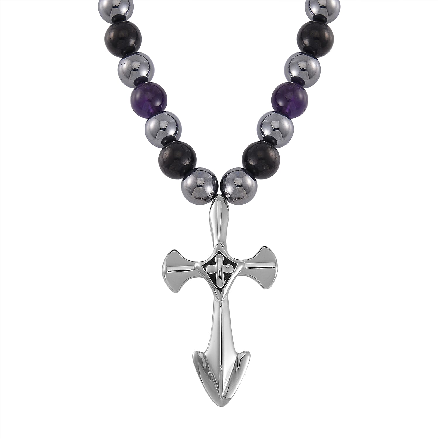 Terahertz, Amethyst and Shungite Beaded Necklace (24 Inches) with in Sterling Silver with Stainless Steel Cross Charm 375.00 ctw