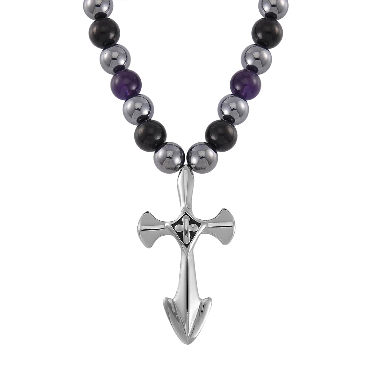 Terahertz, Amethyst and Shungite Beaded Men's Necklace (24 Inches) with in Sterling Silver with Stainless Steel Cross Charm 375.00 ctw image number 0