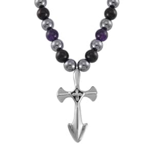 Terahertz, Amethyst and Shungite Beaded Men's Necklace (24 Inches) with in Sterling Silver with Stainless Steel Cross Charm 375.00 ctw