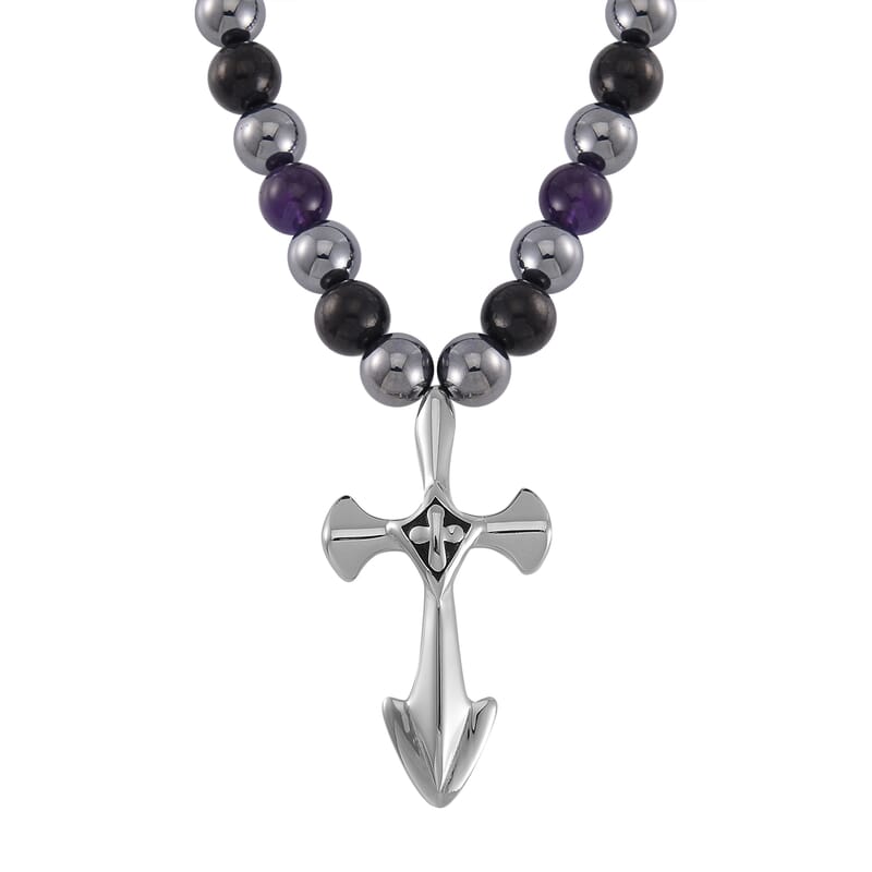 Terahertz, Amethyst and Shungite Beaded Necklace (24 Inches) with in Sterling Silver with Stainless Steel Cross Charm 375.00 ctw