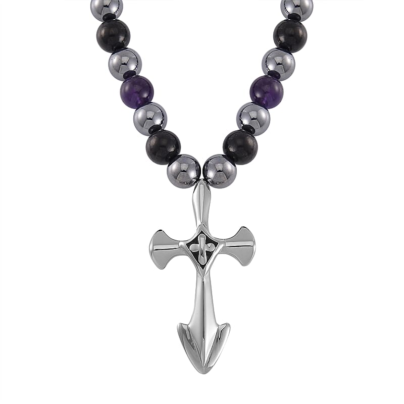 Terahertz, Amethyst and Shungite Beaded Necklace (24 Inches) with in Sterling Silver with Stainless Steel Cross Charm 375.00 ctw
