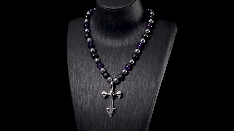 Terahertz, Amethyst and Shungite Beaded Necklace (24 Inches) with in Sterling Silver with Stainless Steel Cross Charm 375.00 ctw