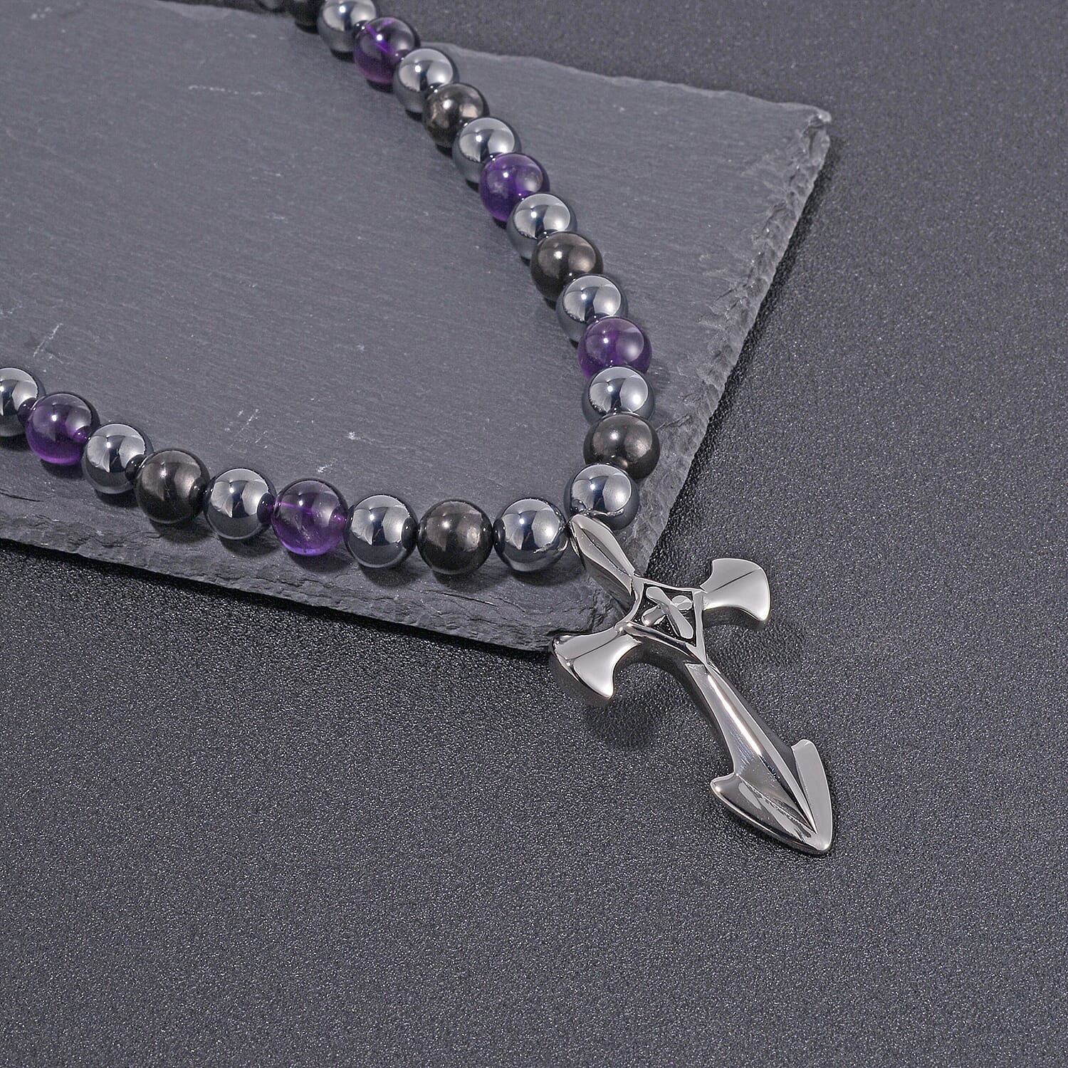 Terahertz, Amethyst and Shungite Beaded Necklace (24 Inches) with in Sterling Silver with Stainless Steel Cross Charm 375.00 ctw