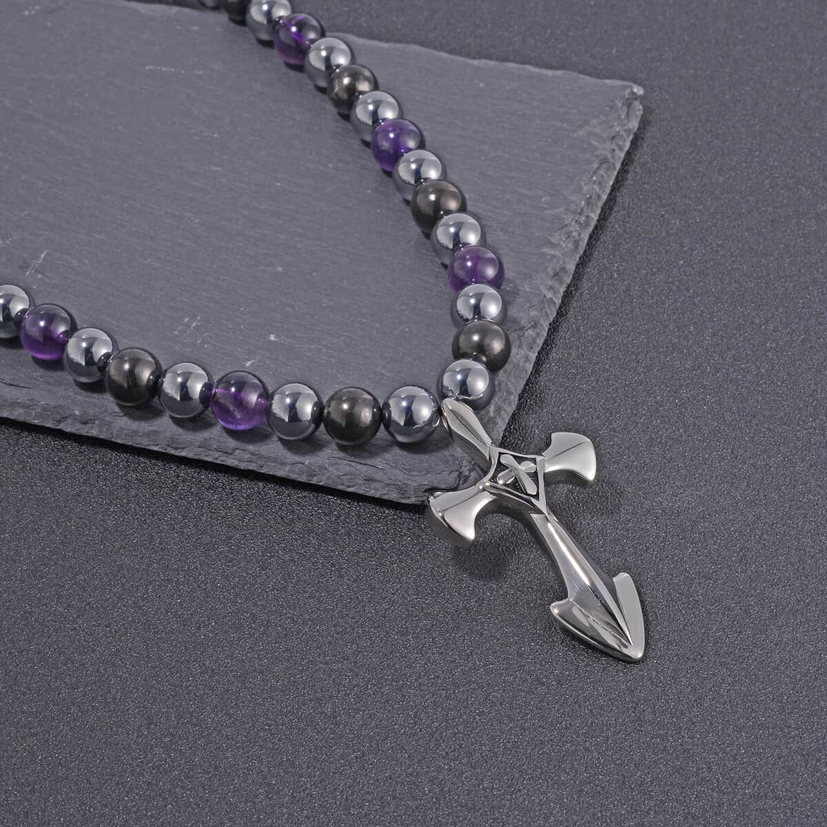 Terahertz, Amethyst and Shungite Beaded Men's Necklace (24 Inches) with in Sterling Silver with Stainless Steel Cross Charm 375.00 ctw image number 1