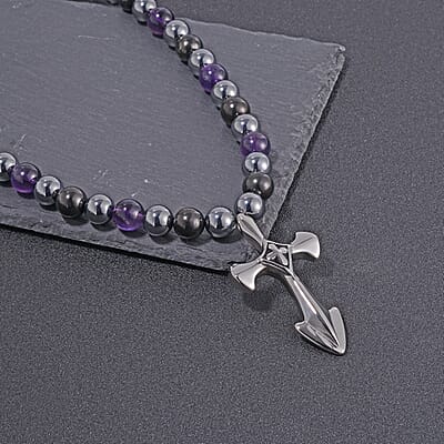 Terahertz, Amethyst and Shungite Beaded Necklace (24 Inches) with in Sterling Silver with Stainless Steel Cross Charm 375.00 ctw