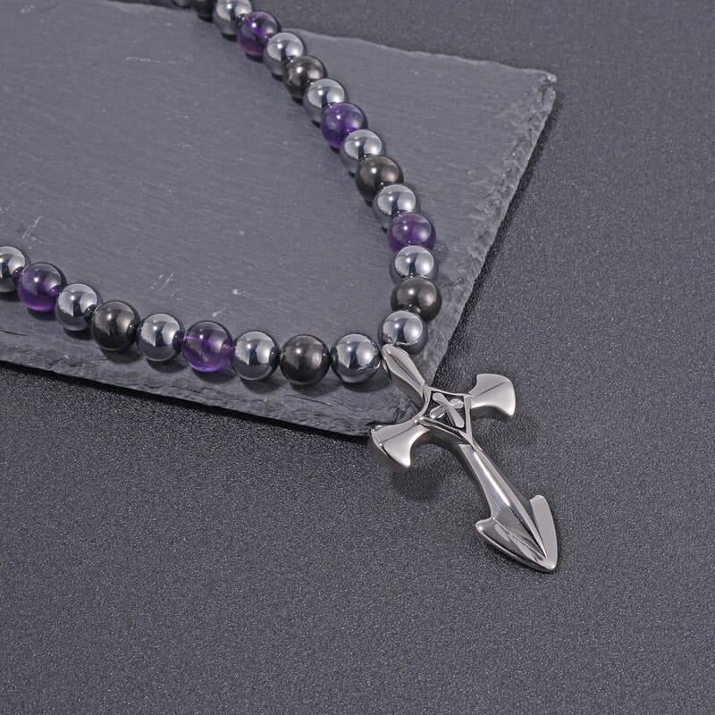 Terahertz, Amethyst and Shungite Beaded Necklace (24 Inches) with in Sterling Silver with Stainless Steel Cross Charm 375.00 ctw