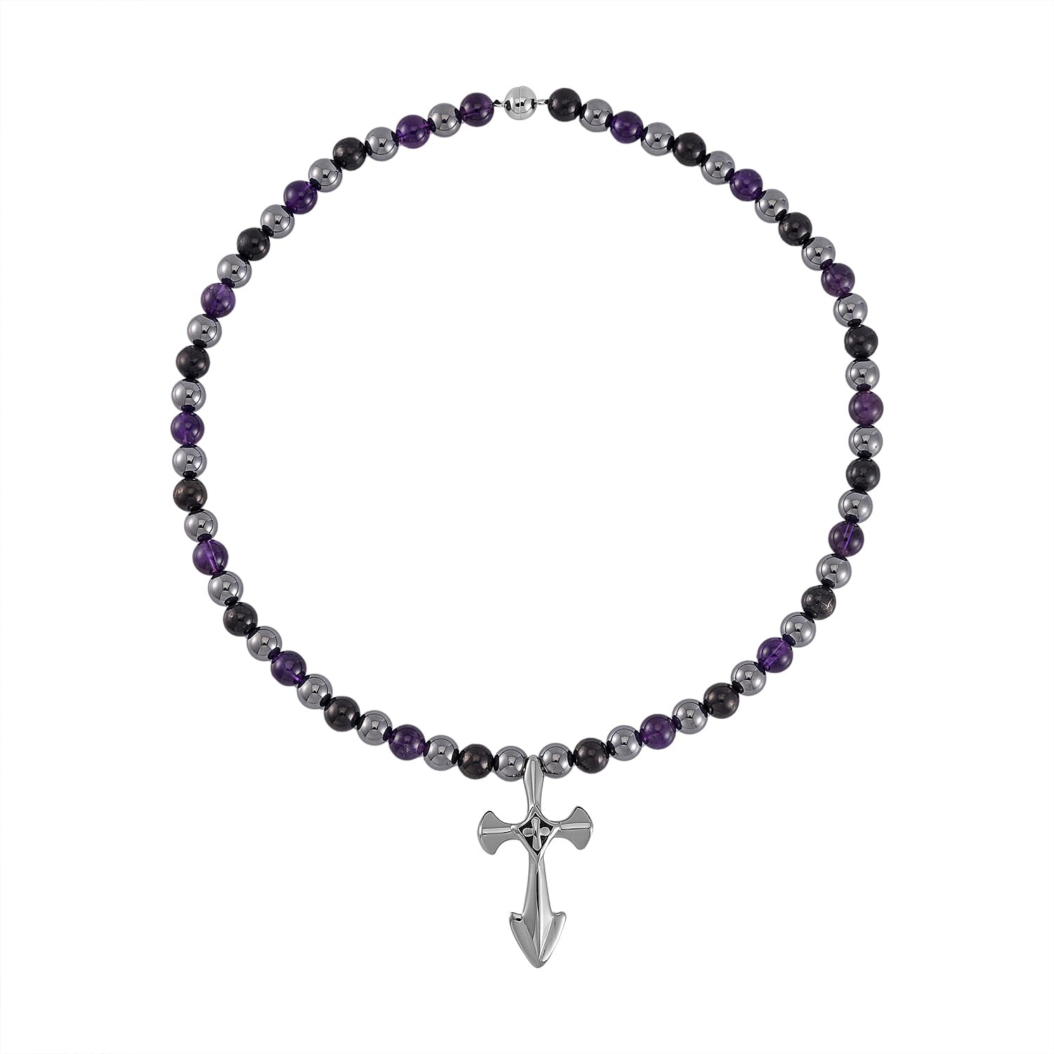 Terahertz, Amethyst and Shungite Beaded Necklace (24 Inches) with in Sterling Silver with Stainless Steel Cross Charm 375.00 ctw