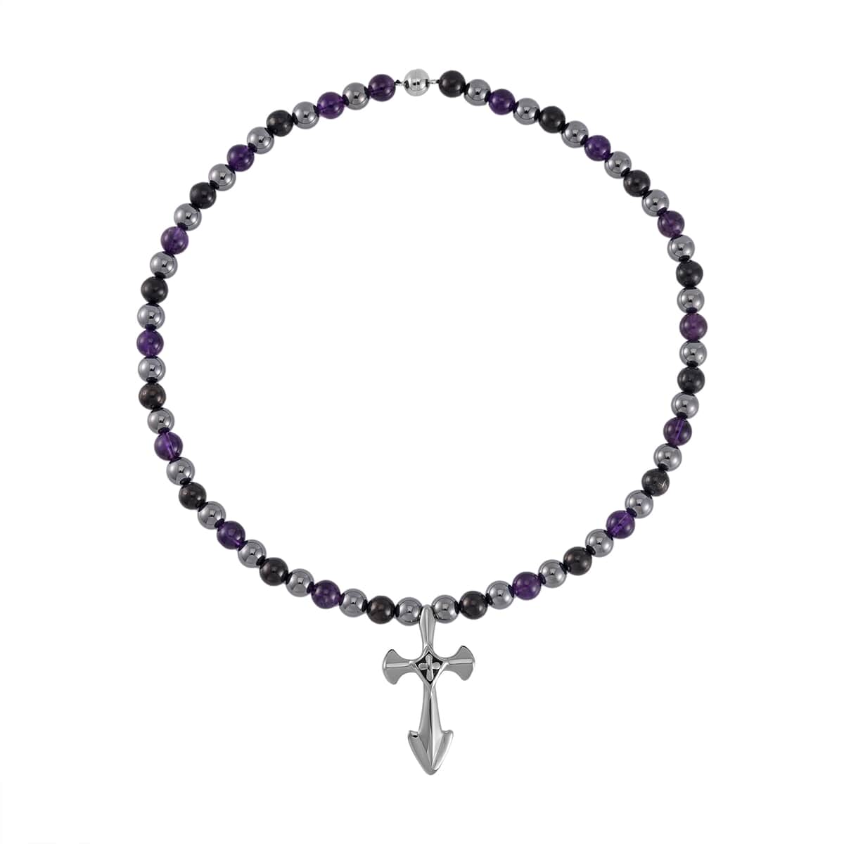 Terahertz, Amethyst and Shungite Beaded Men's Necklace (24 Inches) with in Sterling Silver with Stainless Steel Cross Charm 375.00 ctw image number 2