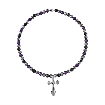 Terahertz, Amethyst and Shungite Beaded Necklace (24 Inches) with in Sterling Silver with Stainless Steel Cross Charm 375.00 ctw
