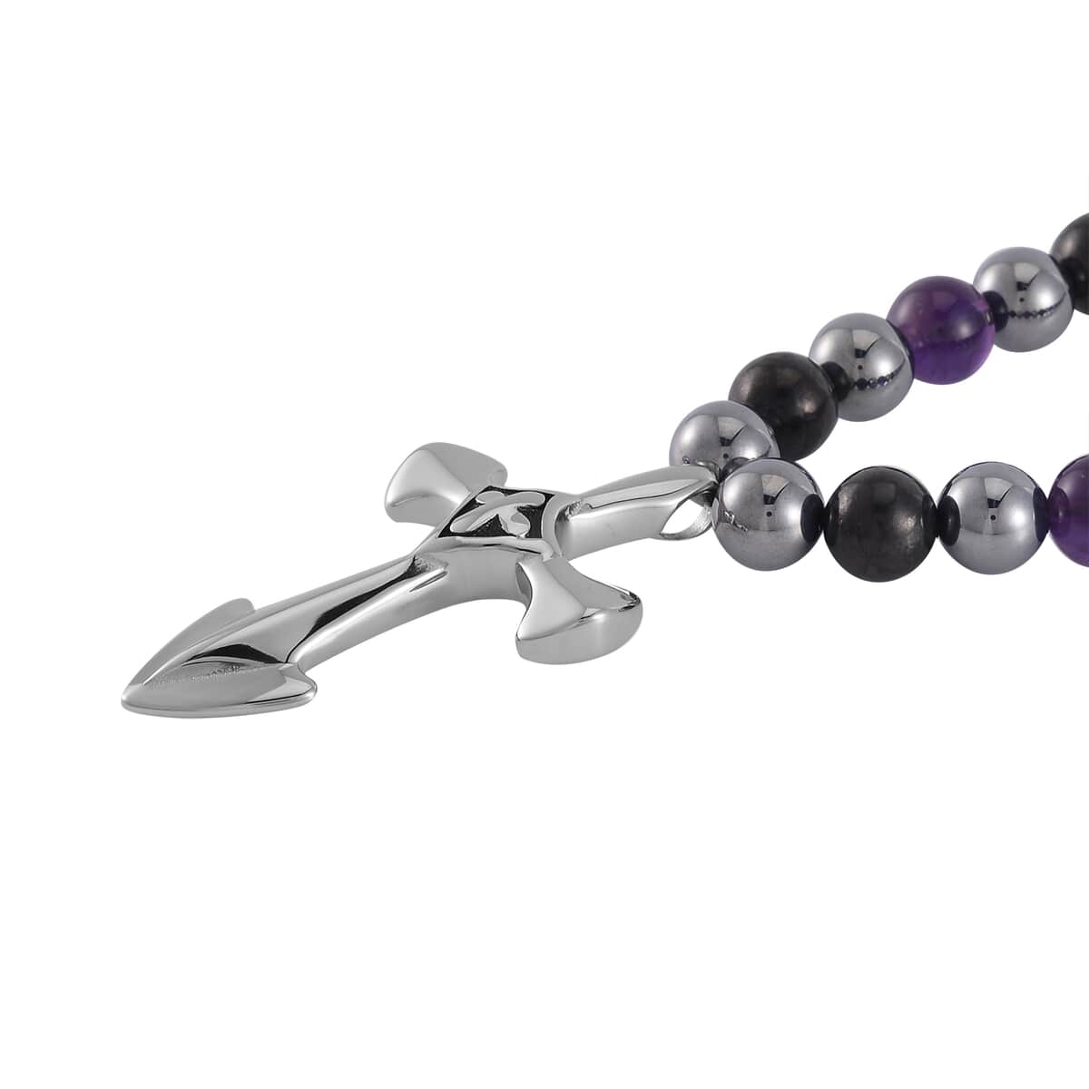 Terahertz, Amethyst and Shungite Beaded Men's Necklace (24 Inches) with in Sterling Silver with Stainless Steel Cross Charm 375.00 ctw image number 3