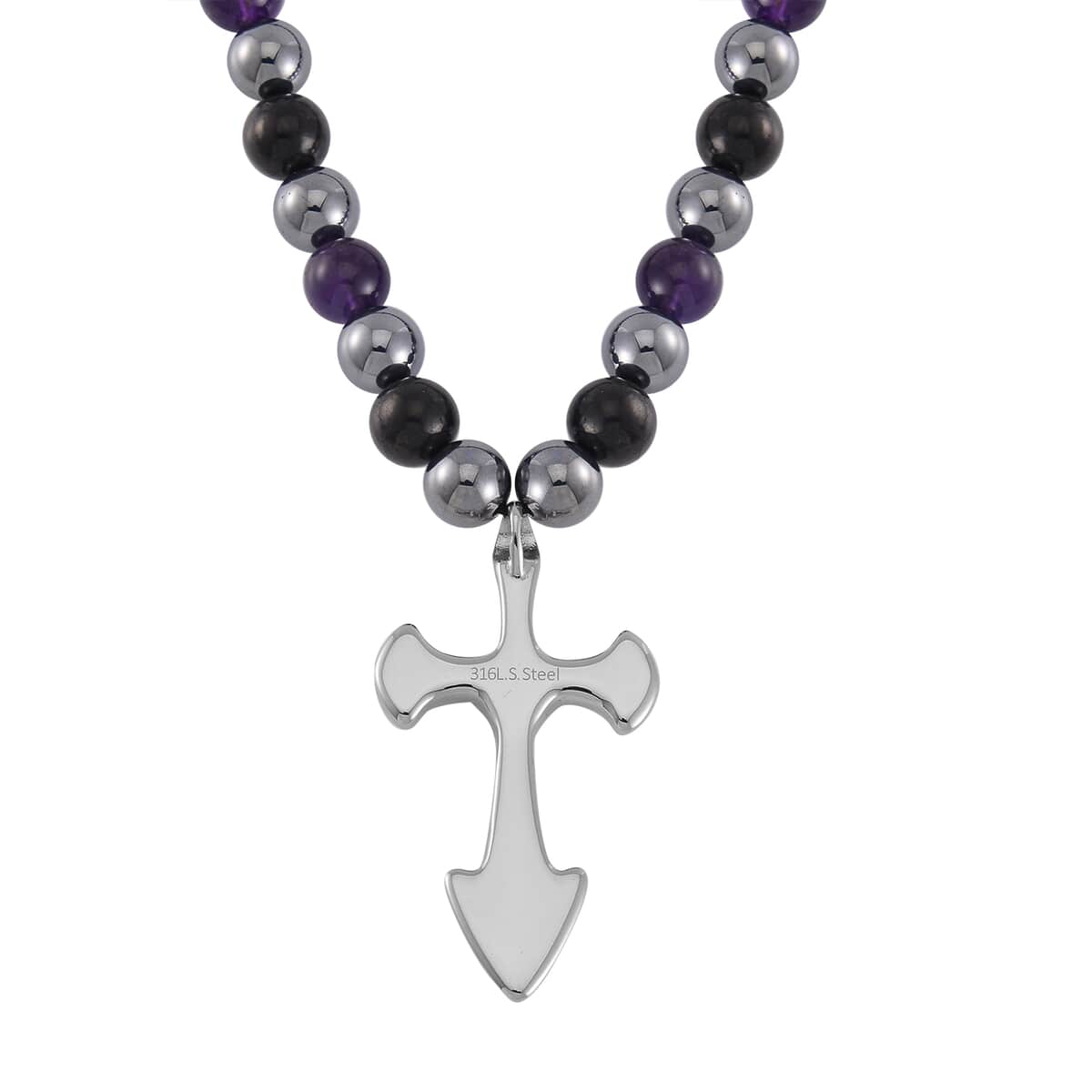 Terahertz, Amethyst and Shungite Beaded Men's Necklace (24 Inches) with in Sterling Silver with Stainless Steel Cross Charm 375.00 ctw image number 4