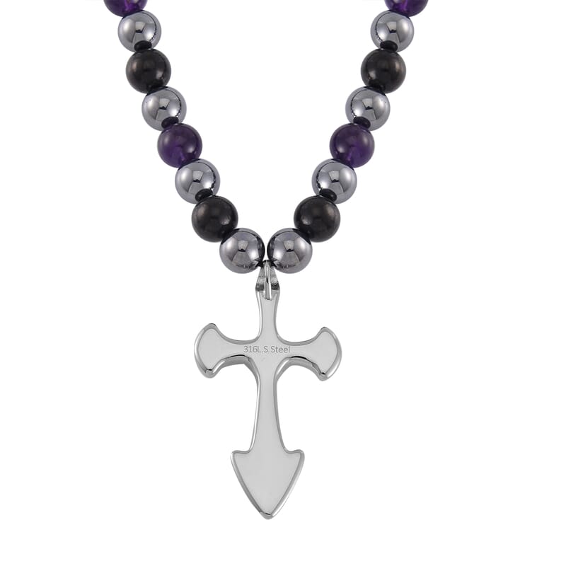 Terahertz, Amethyst and Shungite Beaded Necklace (24 Inches) with in Sterling Silver with Stainless Steel Cross Charm 375.00 ctw