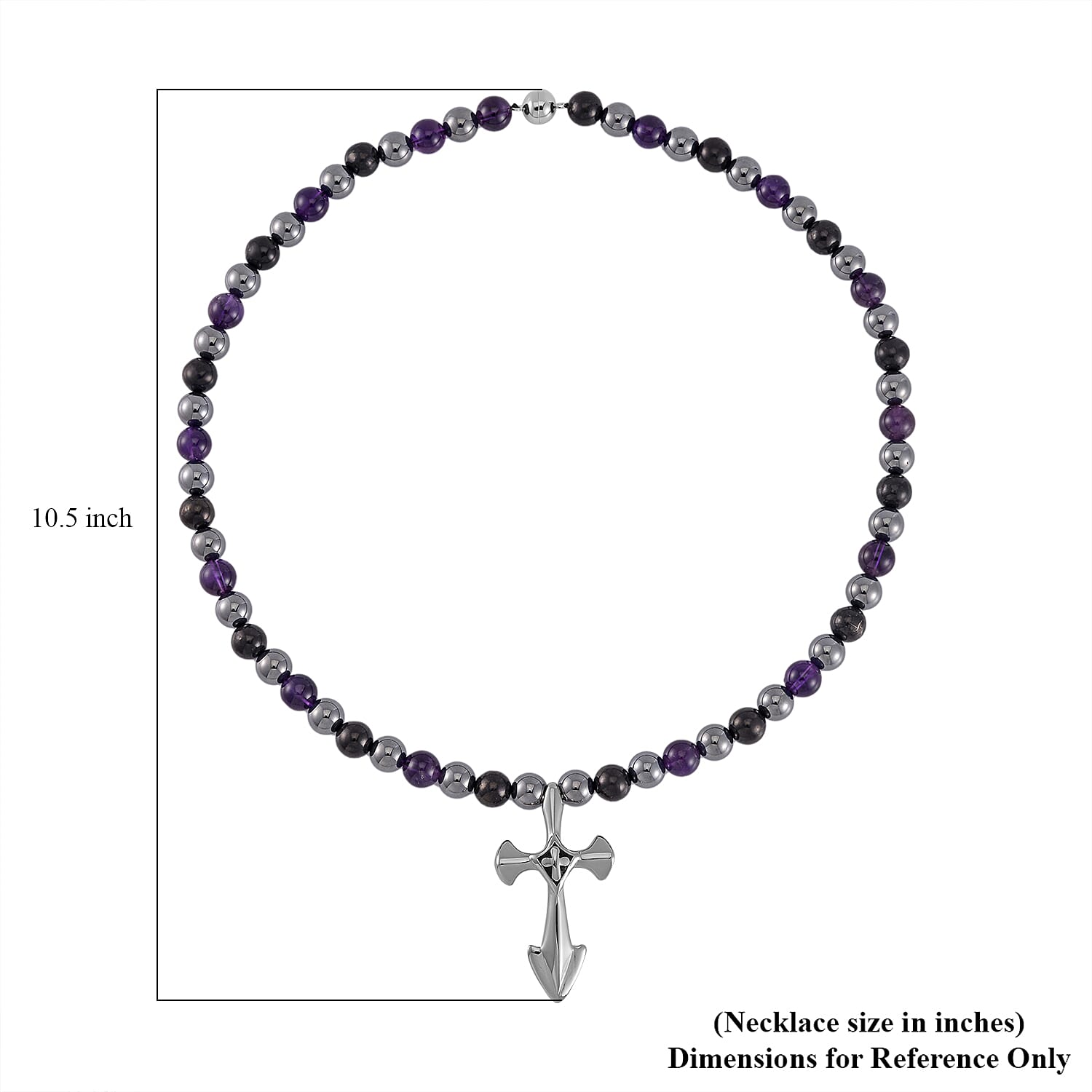 Terahertz, Amethyst and Shungite Beaded Necklace (24 Inches) with in Sterling Silver with Stainless Steel Cross Charm 375.00 ctw