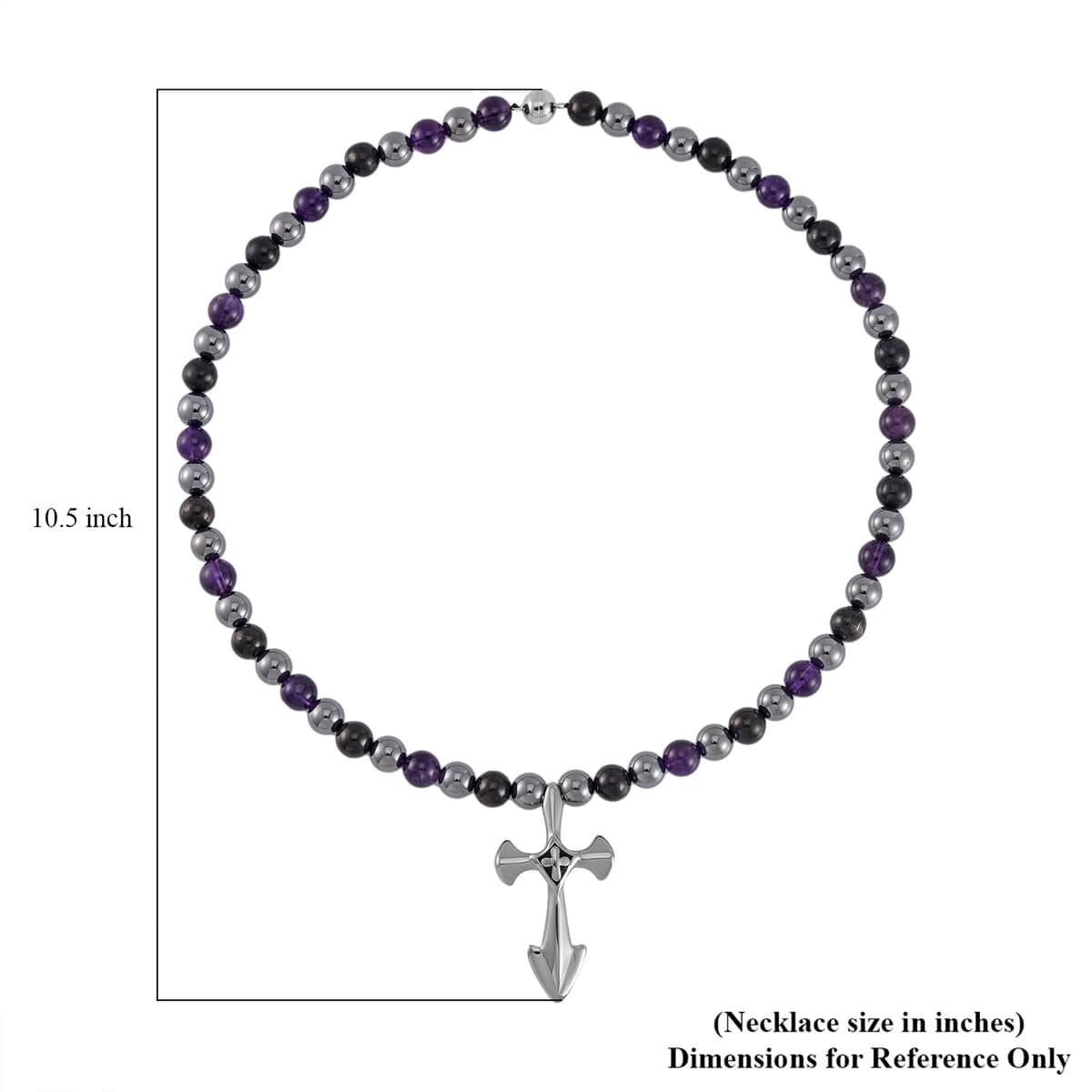 Terahertz, Amethyst and Shungite Beaded Men's Necklace (24 Inches) with in Sterling Silver with Stainless Steel Cross Charm 375.00 ctw image number 6