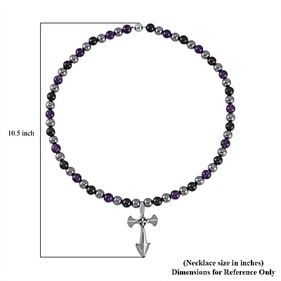 Terahertz, Amethyst and Shungite Beaded Necklace (24 Inches) with in Sterling Silver with Stainless Steel Cross Charm 375.00 ctw