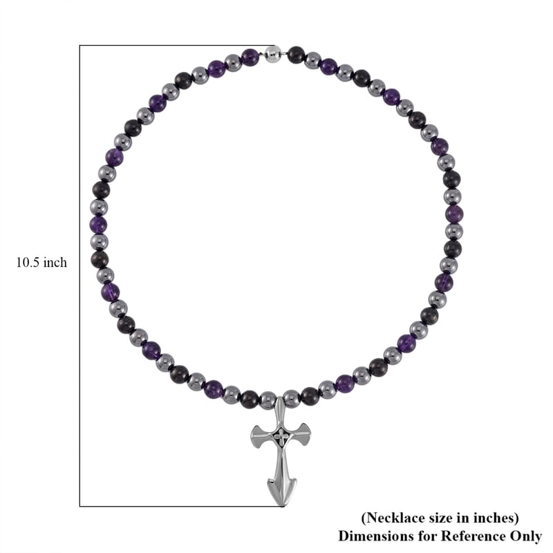 Terahertz, Amethyst and Shungite Beaded Necklace (24 Inches) with in Sterling Silver with Stainless Steel Cross Charm 375.00 ctw
