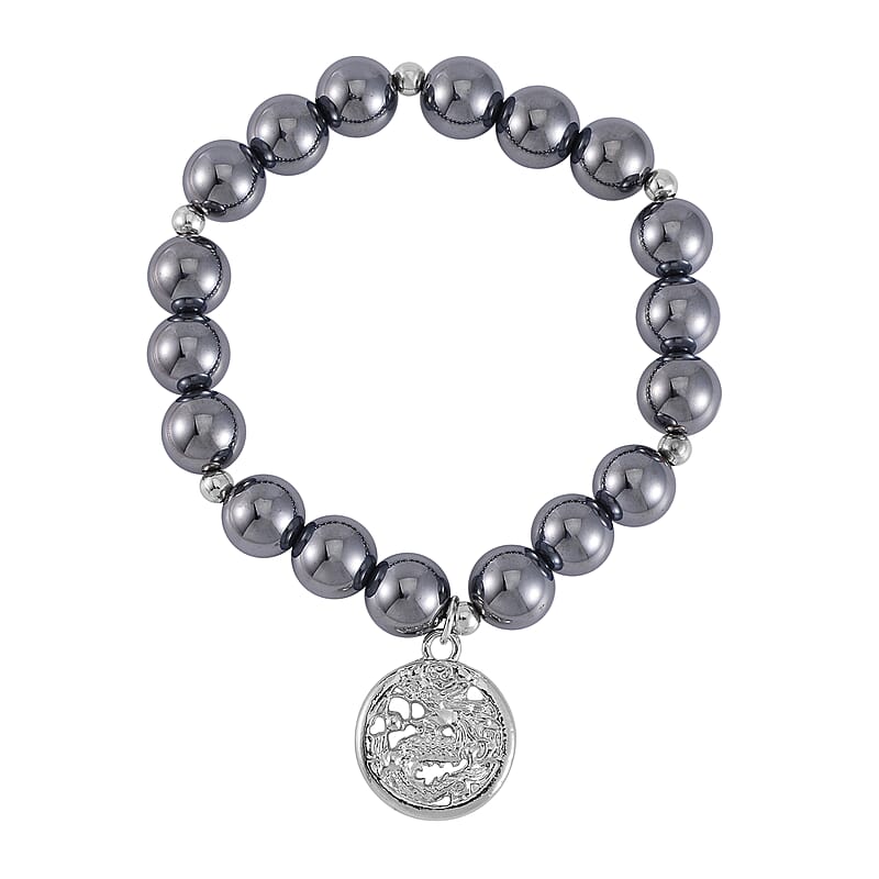 Terahertz 132.50 ctw Beaded Dragon Charm Stretch Bracelet in Silvertone