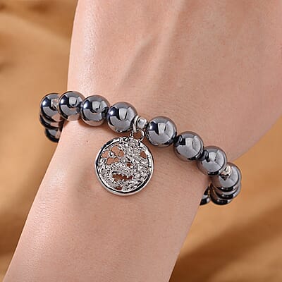 Terahertz 132.50 ctw Beaded Dragon Charm Stretch Bracelet in Silvertone