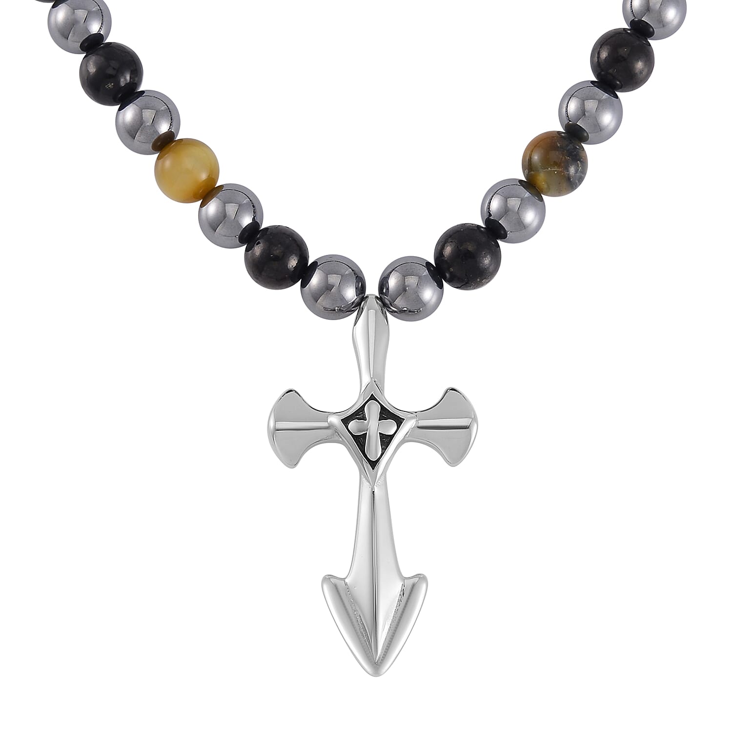 Terahertz, Tigers Eye and Shungite Beaded Necklace (24 Inches) in Sterling Silver with Stainless Steel Cross Charm 375.00 ctw