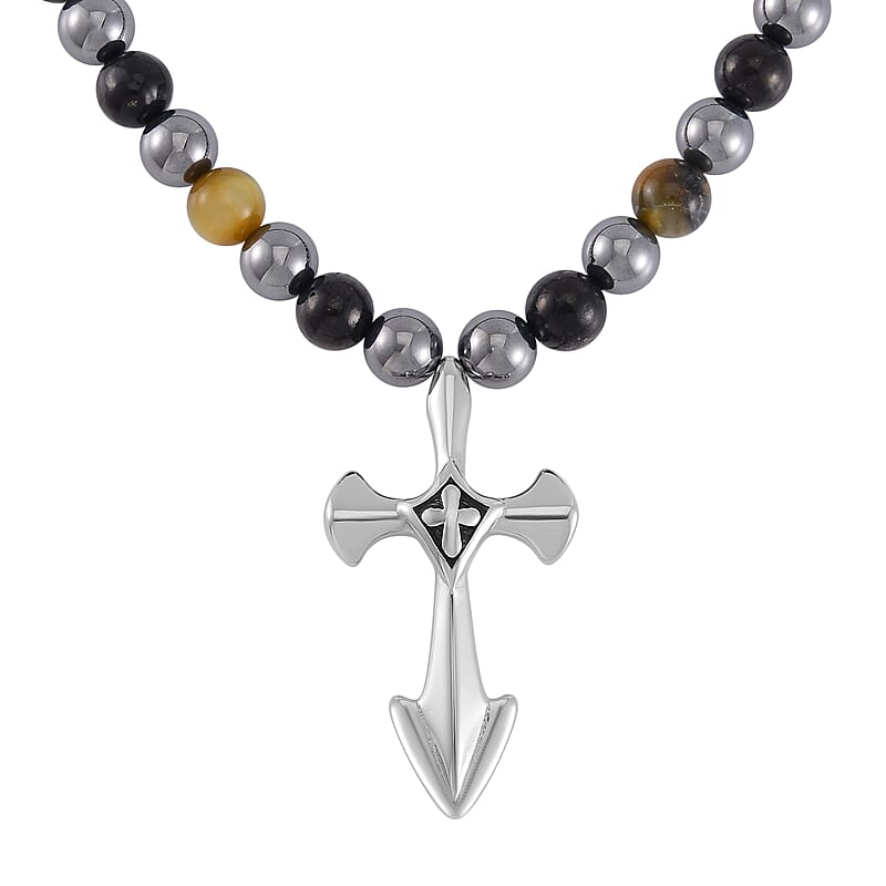 Terahertz, Tigers Eye and Shungite Beaded Necklace (24 Inches) in Sterling Silver with Stainless Steel Cross Charm 375.00 ctw