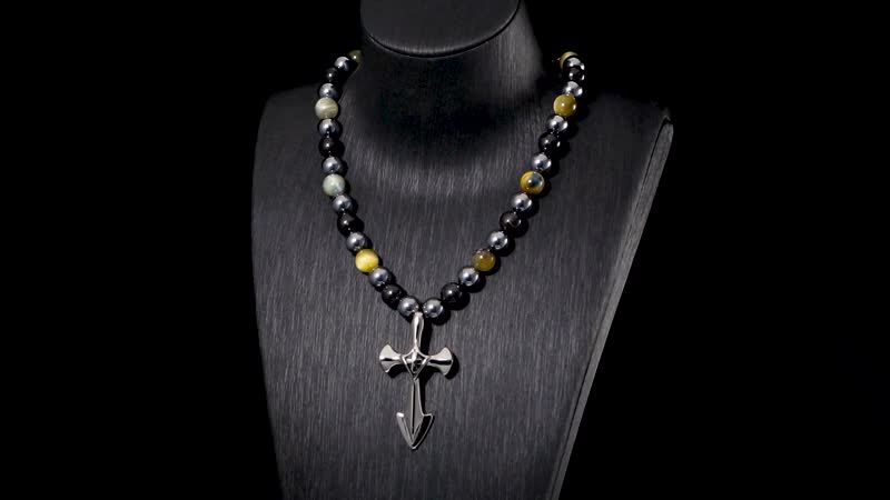 Terahertz, Tigers Eye and Shungite Beaded Necklace (24 Inches) in Sterling Silver with Stainless Steel Cross Charm 375.00 ctw