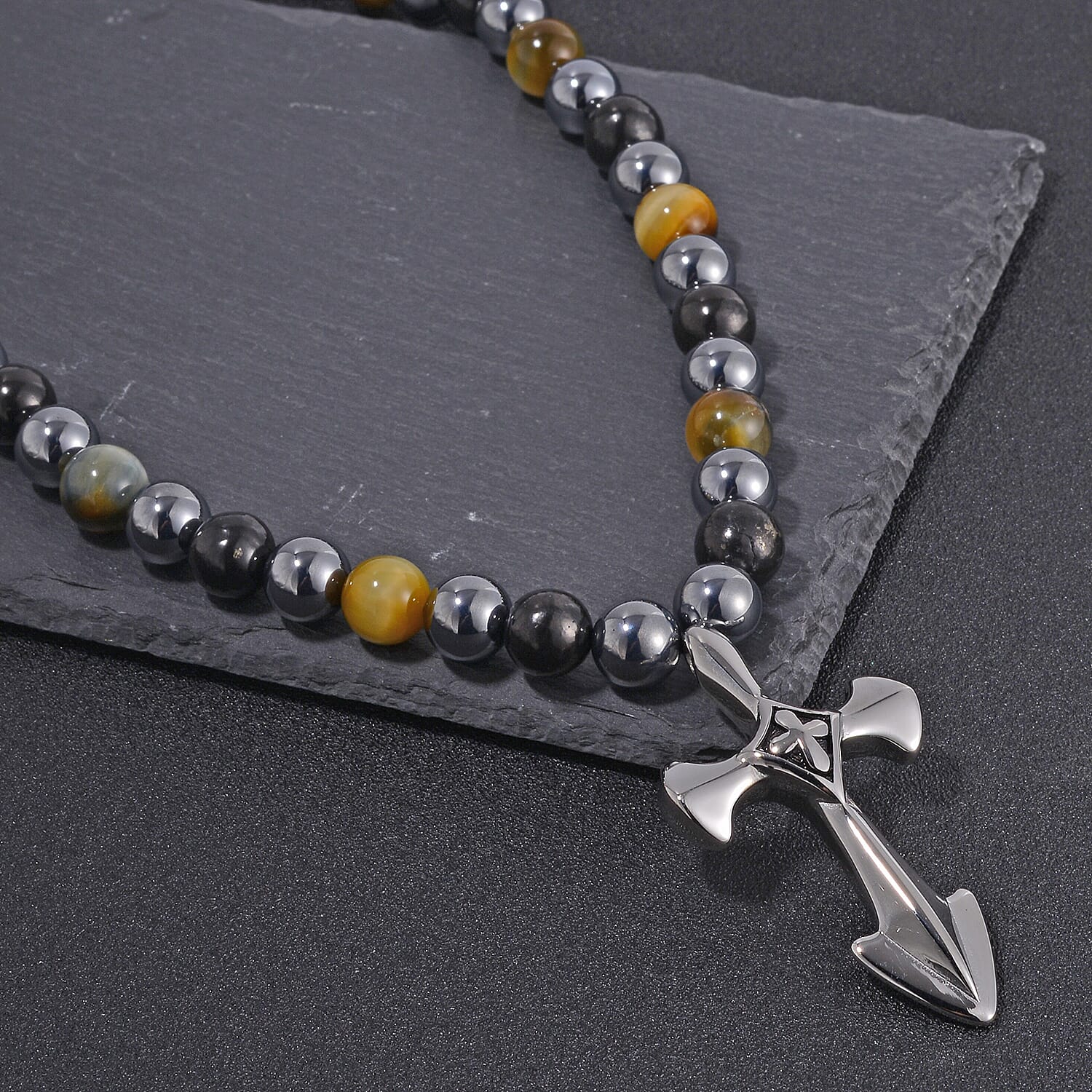 Terahertz, Tigers Eye and Shungite Beaded Necklace (24 Inches) in Sterling Silver with Stainless Steel Cross Charm 375.00 ctw