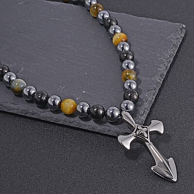 Terahertz, Tigers Eye and Shungite Beaded Necklace (24 Inches) in Sterling Silver with Stainless Steel Cross Charm 375.00 ctw