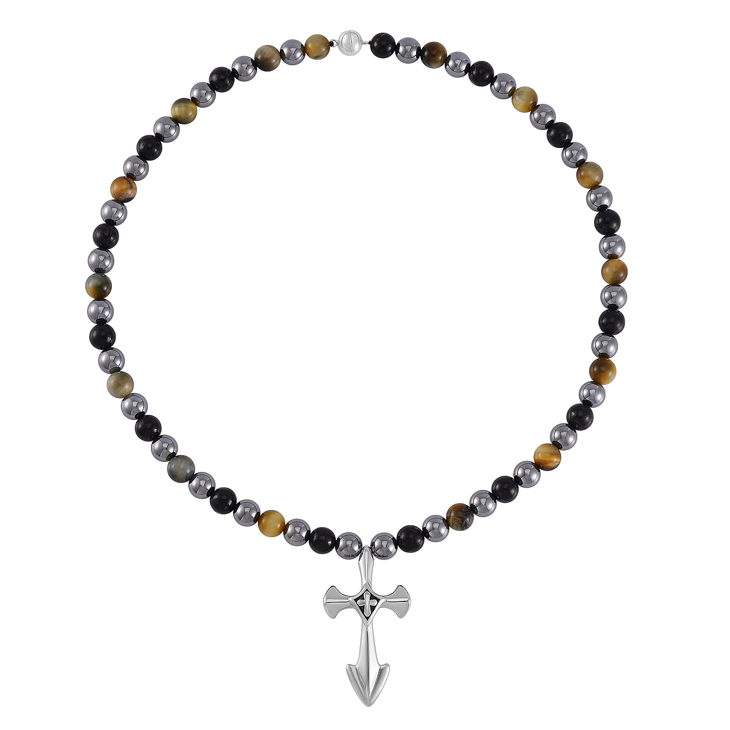 Terahertz, Tigers Eye and Shungite Beaded Necklace (24 Inches) in Sterling Silver with Stainless Steel Cross Charm 375.00 ctw