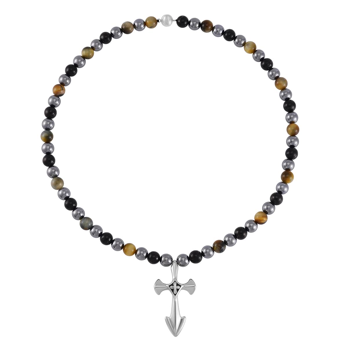 Terahertz, Tigers Eye and Shungite Beaded Men's Necklace (24 Inches) in Sterling Silver with Stainless Steel Cross Charm 375.00 ctw image number 2