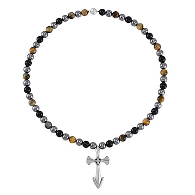 Terahertz, Tigers Eye and Shungite Beaded Necklace (24 Inches) in Sterling Silver with Stainless Steel Cross Charm 375.00 ctw